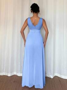 Breezaya Elegant V-Neck Ruched Waist Pearl Chiffon Wide Leg Jumpsuit, Suitable For Wedding Guest Dresses, Purple, Graceful Ladies Jumpsuit Light Blue Jumpsuit Elegant Jumpsuit Summer Jumpsuit - Baby Blue - View 2