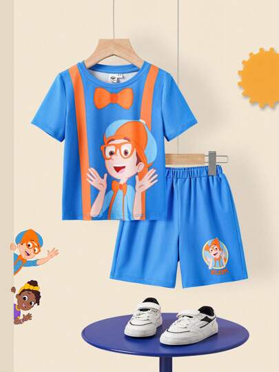 Blippi X SHEIN Ensemble 2 pièces avec t-shirt à manches courtes bleu casual avec imprimé de garçon de dessin animé et nœud papillon, et short ample