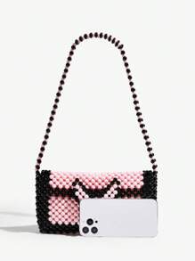 SHEIN ICON Ladies, Women Shoulder Bag, Hobo Bag, Black And Pink, Bead, Butterfly, Fashionable, Personalized, Simple, Versatile, Street, Sweet And Cool Girls, Hot Girls, Y2k, Retro, Rivets, Vintage, Teenagers, For Beach, Vacation, Holiday, Summer, Seaside, Beach Party, Date, Daily, Shopping, Afternoon Tea - Multicolor - View 5