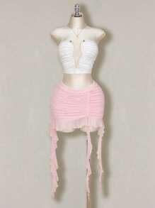 SHEIN ICON Falda de tul rosa con volantes, pliegues y ruedo con volantes, talla grande, para primavera - Rosa Pálido - Ver 4