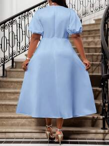 SHEIN Lady  Spring And Summer Elegant Plus Size Long Sleeve A Line Dress Bishop Sleeve Blue Wedding Valentine's Day Cocktail Party Plus Size Dresses Costume Prom Dress Fall Women Dresses Holiday Dress Blue Dress Greek Goddess Dress,Wedding Guest Dress Women - Baby Blue - View 2