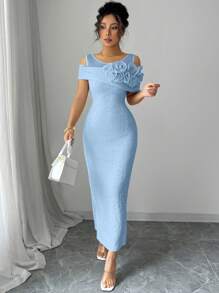 Modelyn Solid Color Mesh Splice Raised Floral Cut-Out Shoulder Midi Dress For Women