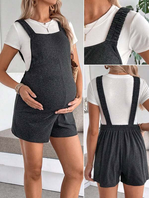 SHEIN Salopetă de maternitate fără mâneci, culoare uni, cu bretele late, stil casual de vară