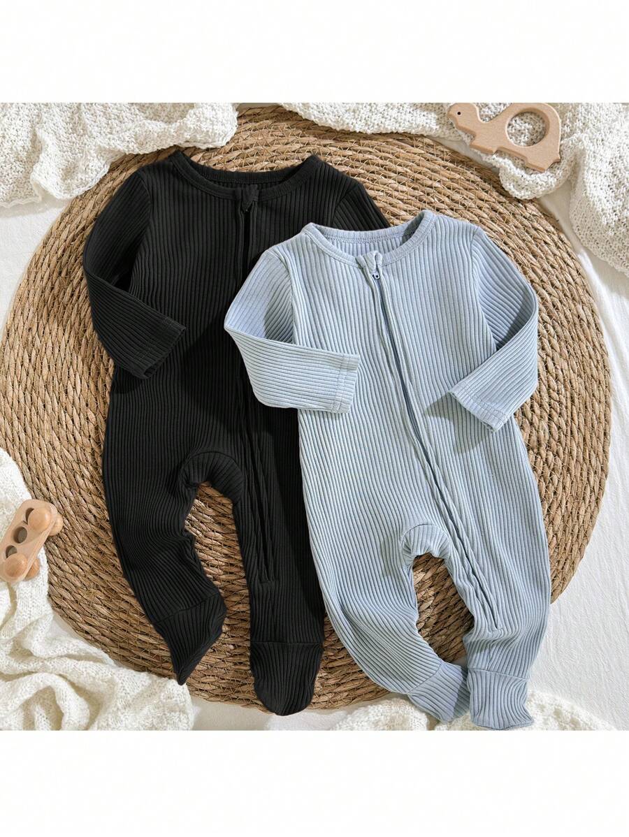 Loomiva 2pcs/Set Newborn Infant Baby Multipack Long Sleeve Solid Color Knit Soft Round Neck Long Sleeve Footed Romper & Pants Set Newborn Zipper Suit Baby Zipper Romper Fall Winter - Multicolor - View 1