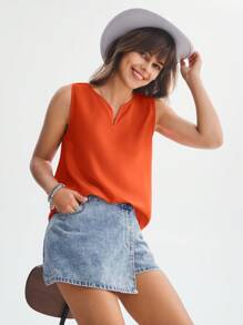 SHEIN LUNE 缺口領無袖襯衫 - 橘色 - 查看 2