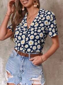 SHEIN VCAY 雛菊印花西裝領襯衫 - 藏蓝色 - 查看 1