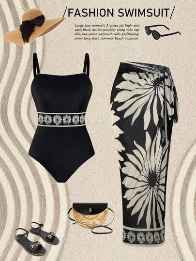 Swim Oasis 2pcs Plus Size Women High-End Oasis Black Camisole One Piece Swimsuit With Adjustable Straps & Printed Maxi Skirt, Summer Beach Resort Outfit,Modest Swimwear