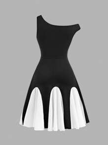Firerie Kids Firerie Kids Tween Girls Casual Elegant Asymmetric Shoulder Fitted A-Line Hem Contrast Color Splice Dress - Black - View 2