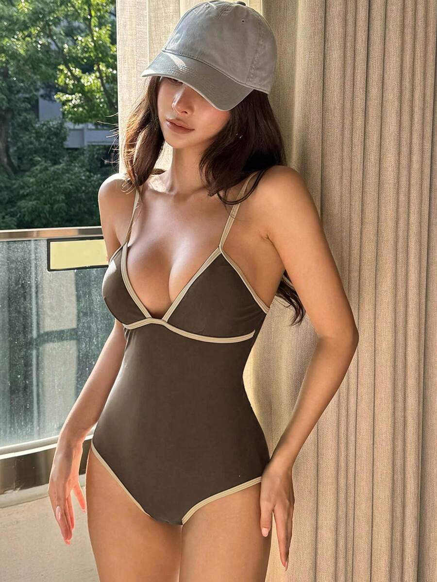 DAZY 女士露背细肩带连体泳衣度假装