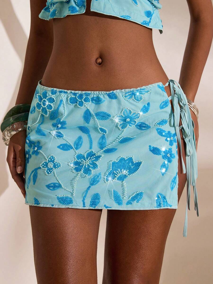 Opulessa 夏季海滩度假性感优雅浪漫毕业生日派对花卉闪亮亮片纯色串珠刺绣迷你裙女士机场 - 藍色 - 查看 1