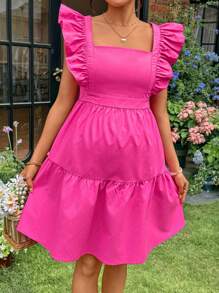 SHEIN Maternity Nursing Dress Feeding Dress Romantic Summer Vacation Maternity Square Neck Ruffle Trim Ruffle Hem Dress - Hot Pink - View 3