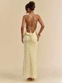 SHEIN BAE Summer Yellow Embroidery Texture Suspenders Backless Halter Maxi Dress - Yellow - View 2