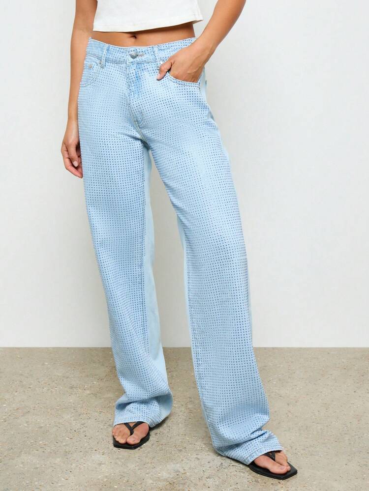 Wide Leg Rhinestone Embellished Denim Women Jeans