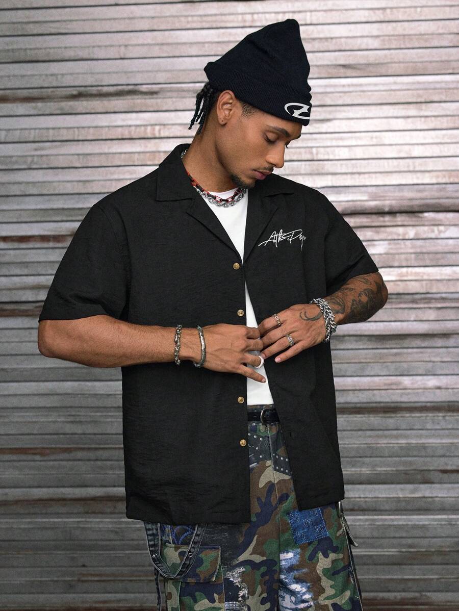 AXEPEAK Men's Casual Loose Letter Print Short Sleeve Woven Shirt, Streetwear Edition - Black - View 1