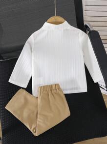 SHEIN Vintaside Kids 2件/組 嬰兒男童白色秋季端莊家庭套裝 立領鈕扣口袋襯衫搭配鬆緊腰短褲 休閒復古夏季穿搭 - 卡其色 - 查看 2