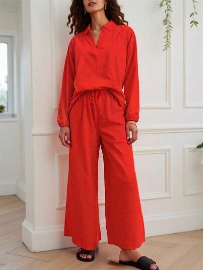 INAWLY 2 件套女士纯色长袖领口上衣和裤子休闲宽松套装，春夏