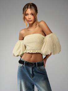 MISSGUIDED Blusa tipo bardot con hombros descubiertos, mangas globo y volantes, de estilo cottage core, en cuadriculado, para una primavera fresca y con estilo - Amarillo - Ver 6
