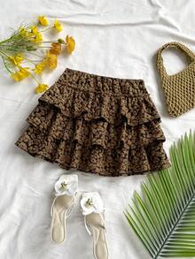 Soleia 女士度假纹理提花编织低腰分层荷叶边下摆 A 字迷你裙，适合派对、约会、情人节、假日、复活节、狂欢节、中国新年、海滩巡游、城市旅行、婚礼季、下午茶、返校 - 咖啡棕 - 查看 3