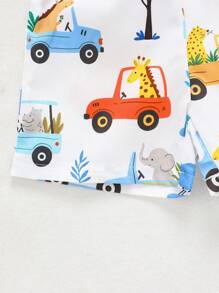 SHEIN Playful Pals Conjunto de bebé y niño pequeño de top de manga corta con estampado de animales y carros lindos, y shorts estampados, adecuado para salidas y uso diario en primavera/verano