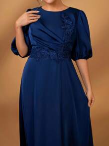 Serin Plus Size Navy Blue Satin Fabric Crew Neck Pleated Chest Floral Decor Bell Sleeve A-Line Dress, Elegant For Wedding Party Activities, Bridesmaid And Mother Of The Bride Outfit
