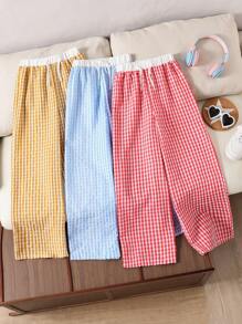 Set da 3 pezzi per ragazze estivo: pantaloni in tessuto plaid stropicciato con vita in contrasto, disponibile in più colori, adatto per uscite e raduni familiari - Multicolore - Visualizzare 1