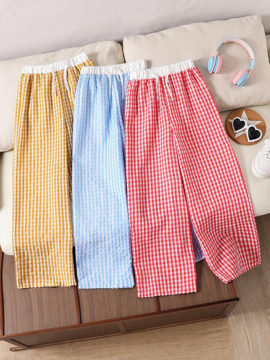 Set da 3 pezzi per ragazze estivo: pantaloni in tessuto plaid stropicciato con vita in contrasto, disponibile in più colori, adatto per uscite e raduni familiari - Multicolore - Visualizzare 1