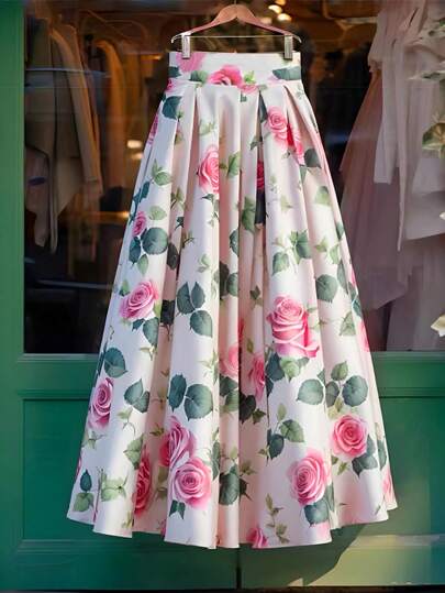 GlowEve Women's Vacation Pleated Floral Print Elegant Fashion Skirt Fall Cloth For Women