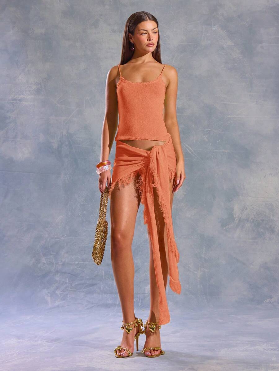 MUSERA 针织系带纱笼裙 春夏 伊比沙岛 Y2k 酷女孩 音乐节 锐舞派对 度假 俱乐部 可爱 海滩 夜生活 秋季派对 时尚 假日 - 橘色 - 查看 1