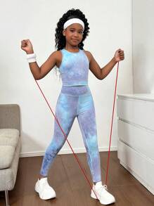 SHEIN 青少年女孩扎染针织吊带背心和紧身裤两件套，弹力舒适，适合瑜伽、学校运动 - 藍色 - 查看 7