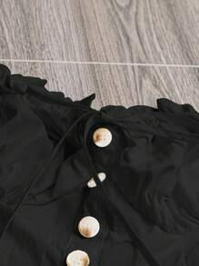 Flirla Vestido de talla grande de unicolor con hombros descubiertos, retro, romántico, de vacaciones, lindo y suelto, con botones frontales, volante con lazo decorativo, adecuado para boda, playa, regreso a clases, primavera/verano - Negro - Ver 3