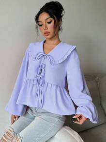 SHEIN Unity Blusa de mujer con cuello llamativo, mangas farol, nudo delantero y volantes para el verano - Púrpura malva - Ver 4