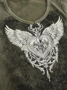 ROMWE Grunge Punk 女士朋克风宽松水钻镶边酸洗修身T恤 - 綠色 - 查看 3