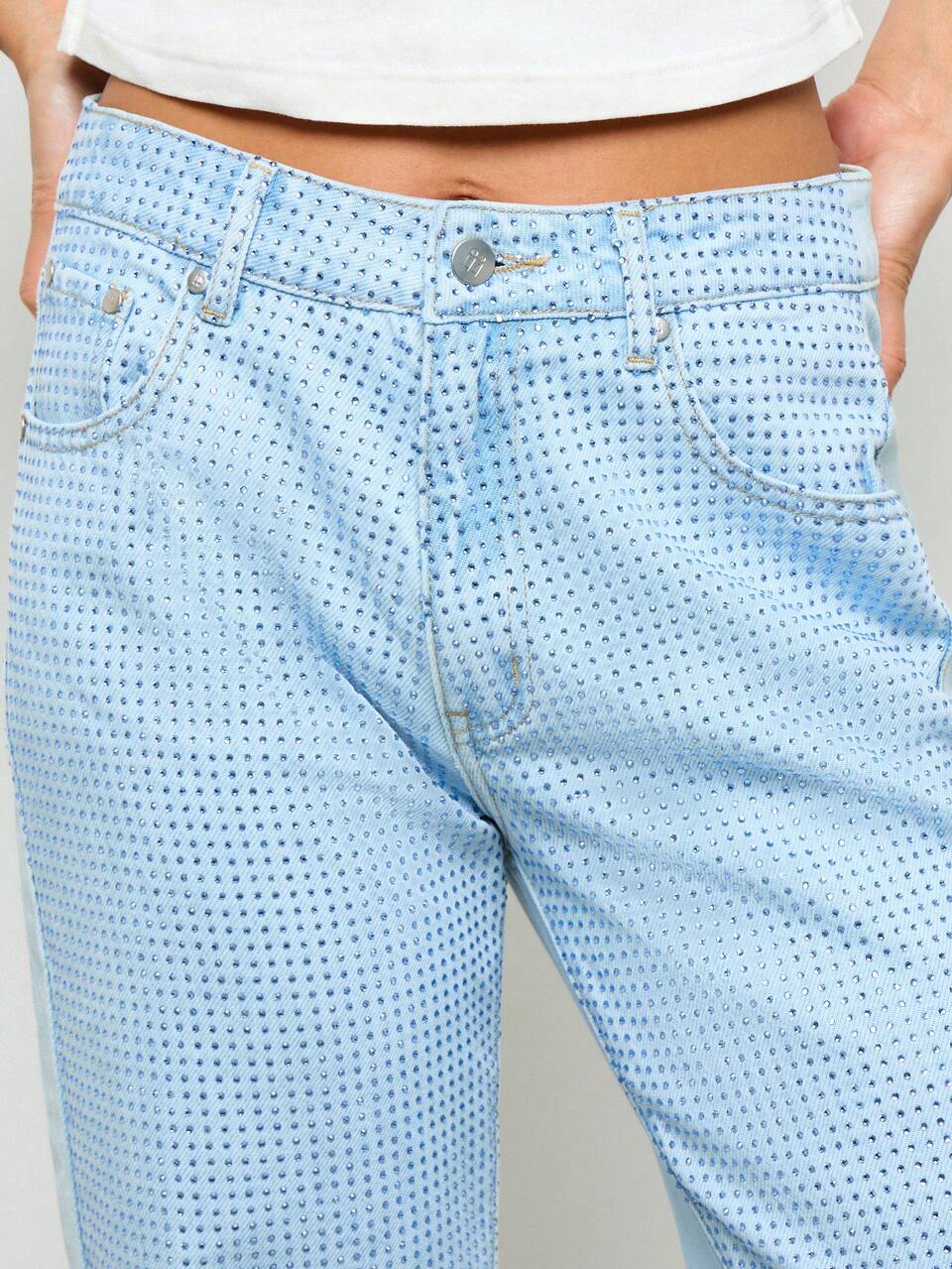 AiiRZ Wide Leg Rhinestone Embellished Denim Jeans Y2K Aesthetic Festival Concert Party Clubwear Pants