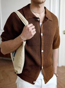 Manfinity Homme Áo len dệt kim tay ngắn đơn giản màu trơn cho nam - màu nâu - Xem 6