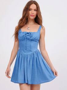 WESTFADE Váy cao bồi mini không tay dáng ôm xòe cổ vuông bằng vải lanh pha trộn, thắt nơ phía trước, eo chữ V, không tay, trang phục đi biển ngày 4 tháng 7 cho buổi hòa nhạc đồng quê miền Tây ở Nashville Rodeo - Màu xanh lam - Xem 4