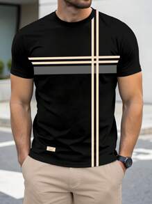 Manfinity RelaxMax Minimalist Cross Contrast Line Prints Casual Fitted Short Sleeve T-Shirt For Men