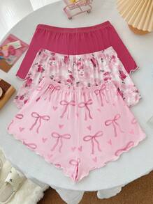 Snug Zone 3件套可爱花卉印花蝴蝶结撞色女士睡衣套装 - 彩色 - 查看 2