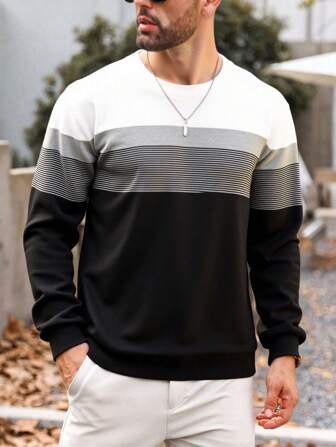 Manfinity Mode Jersey de cuello redondo a rayas con contraste de color, casual, holgado y cómodo, de punto con bloque de color gráfico de manga larga para hombre de talla grande, para salir, para otoño e invierno