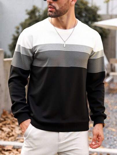 Manfinity Mode Herren Große Größen Rundhals gestreifter Kontrast Farbstreifen Lässig Locker Bequem Gestrickter Grafik Farbblock Pullover Langarm Pullover, für Ausgehen, für Herbst Winter