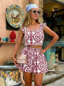 SHEIN Frenchy Conjunto de camiseta sin mangas y shorts de impresión casual de vacaciones para mujer - Burdeos - Ver 3