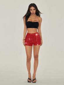 SHEIN PETITE Pantaloncini aderenti da donna con decorazioni in paillettes, adatti per l'estate