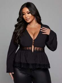 Franclia Plus Size V-Neck Lace Patchwork Ruffle Hem Long Sleeve Blouse