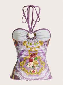 SHEIN ICON Women's Floral Print Pleated Halter Neck Camisole Top - Purple - View 2