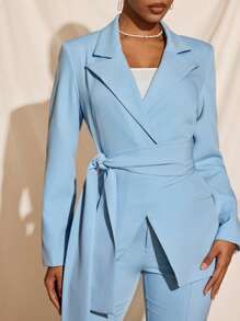 EBIB 优雅淡蓝色腰带垫肩西装外套女士办公室休闲套装