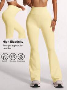SHEIN Sovereign Charm High Waist Tummy Control Butt-Lifting Skinny Yoga Leggings, Casual Basic Fitness Shaping Tights - Yellow - View 2