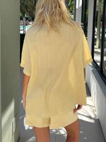 SHEIN EZwear Yellow Woven Women 2pcs Set: Button Down Short Sleeve Shirt & Shorts