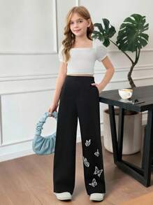 SHEIN Pantalones casuales sueltos y de pierna ancha con estampado colocado de mariposas tejidas para niñas preadolescentes, apropiados para salidas de primavera, campo, fiestas de té en el jardín, salidas casuales, regreso a la escuela, y combinados con la mamá