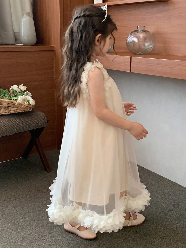Young Girl Round Neck Heavy Mesh Party Princess Midi Dress For Birthday, Banquet
