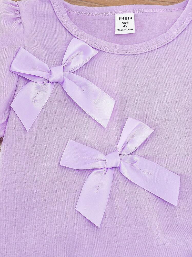 SHEIN Vintaside Kids 2pcs/Set Young Girls Round Neck Short Sleeve 3D Bow Lantern Sleeve T-Shirt + Elastic Waist Flare Leg Denim Blue Pants Cute Casual Fashion Matching Set, Summer New Arrivals Summer Holiday - Purple - View 6