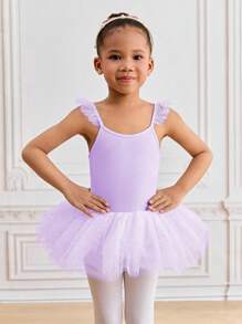 SHEIN Young Girls Lightweight Purple Sleeveless Ballet Dance Leotard With Lace Ruffle Sleeves, Girls Ballet Dance Bodysuit Fall Winter